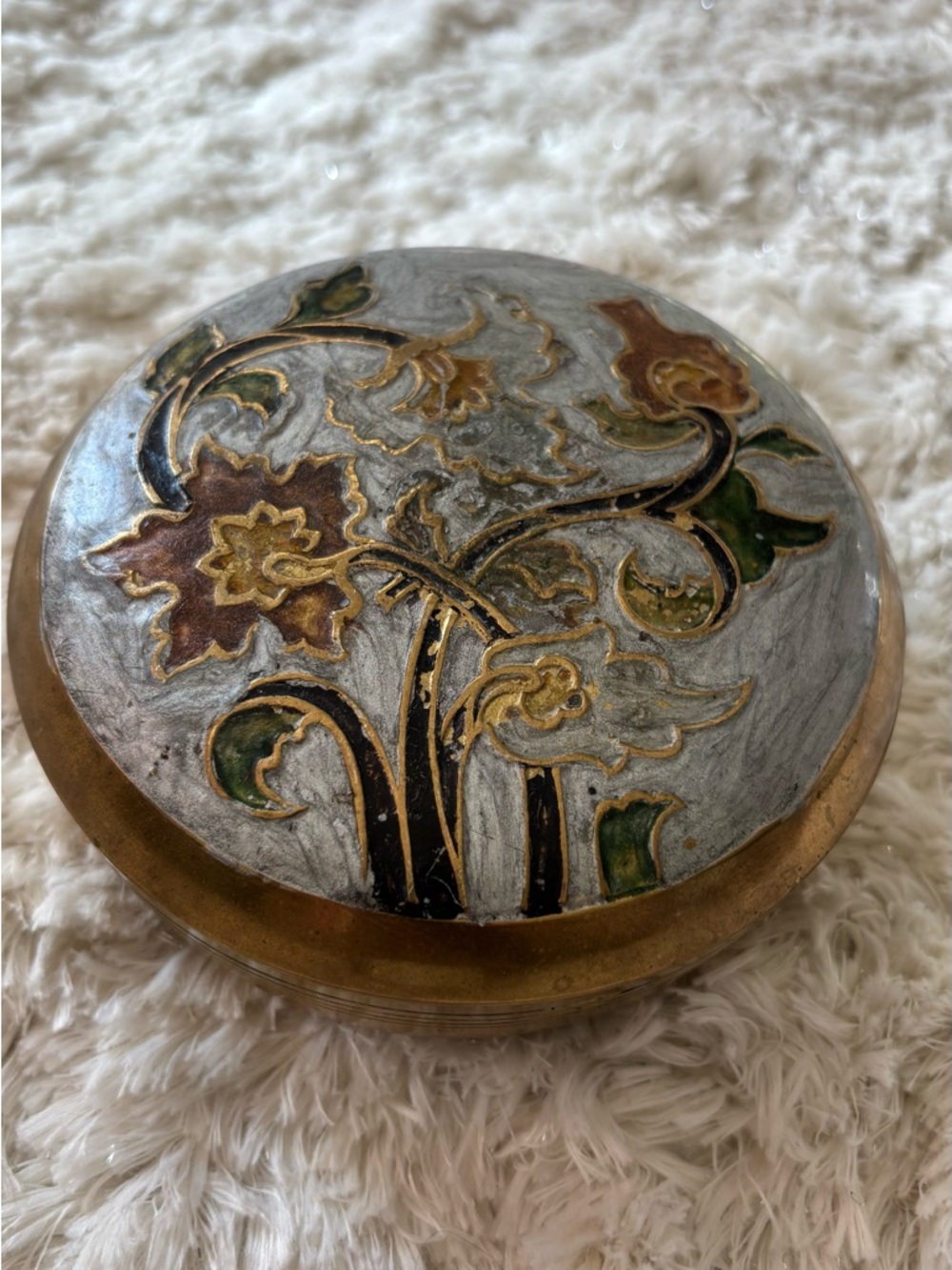 Vintage Floral Brass Cloisonne Trinket Box - Silver, Gold, Green, Brown
